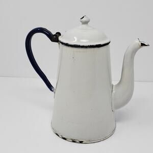 Vintage White & Blue Enamalware metal kettle 8" Tall